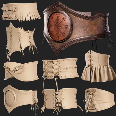 Leather Corset Belt Pattern, Fantasy Belt Design, Medieval Bag Pattern, Leather Armor Pattern, Marvelous Designer Pattern, Moda Steampunk, Leather Corset Belt, Fantasy Outfits, Medieval Belt