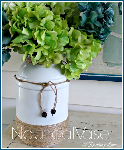 plastic pretzel jar turned nautical vase at 21 Rosemary Lane Nautical Vase, Upcycle Trash, Diy Projects Decor, Nautical Diy, Recipes Family, Winner Announcement, Upcycle Recycle, Jar Diy, Habitat For Humanity