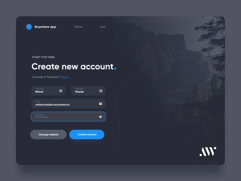 Login & Sign up - Dark Mode | AW Universal Page by Michał Masiak for AnywhereWorks on Dribbble Login Web, Form Design Web, Login Page Design, Login Screen, Login Design, Desain Ui, Website Sign Up, Sign Up Page, Ui Design Website