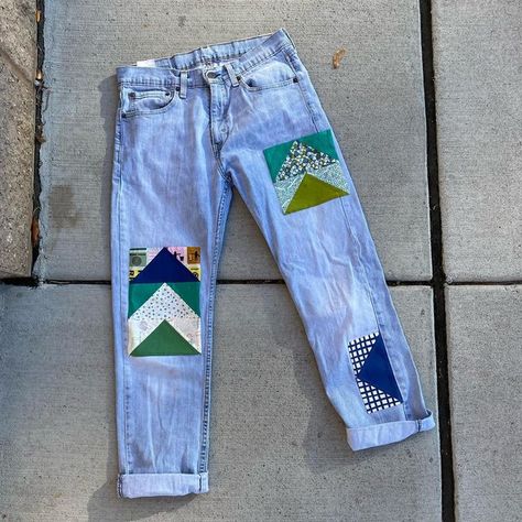 Amy Struckmeyer on Instagram: "Patchwork jeans. Flying geese. Made for my kid for his 19th birthday back in October. Unfortunately the jeans are a bit too small for him. Still, happy with how they turned out and I’d do it again. #patchworkclothing #upcycledclothing #quiltclothes" Quilt Patched Jeans, Quilted Jeans Patchwork, Diy Jean Patches Ideas, Diy Patched Jeans, Quilt Patch Jeans, Patchwork On Jeans, Sawing Idea, Patchwork Jeans Diy, Reworking Clothes