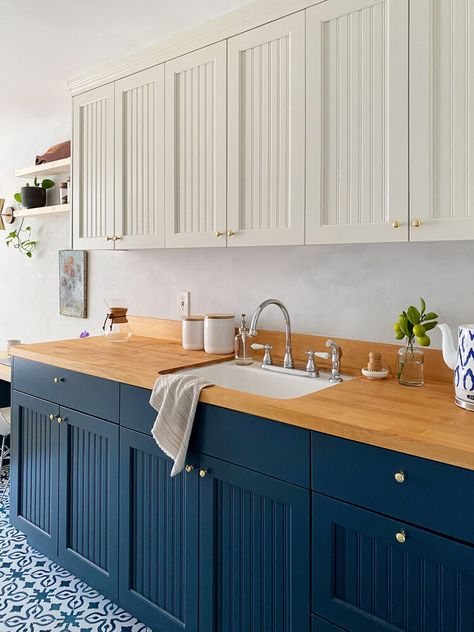 Blue Lower Cabinets, Beadboard Cabinets, Beadboard Kitchen Cabinets, Replacement Cabinet Doors, Beadboard Kitchen, Lower Cabinets, One Room Challenge, Coastal Kitchen, Challenge Week