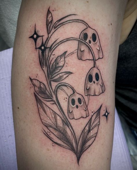 spooky lil ghost plant, thank you so much lauren for the trust on this cute piece 👻 <33 #tattoo#tattooartist#tattoos#femaletattooartist#rochesterny#upstateny#585tattoos#queertattooer Spooky Lily Of The Valley Tattoo, Lil Guy Tattoos, Ghost Of The Valley Tattoo, Spooky Plant Tattoo, Ghost Plant Tattoo, Ghost Bee Tattoo, Ghost Flower Tattoo, Floral Ghost Tattoo, Casper The Friendly Ghost Tattoo