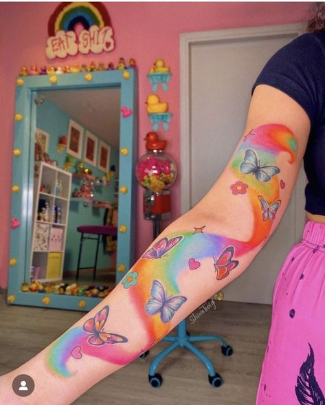 Y2k Tattoos Aesthetic, Rainbow Sleeve Tattoo, Rainbow Fairy Tattoo, Disco Ball Tattoo Color, Lisa Frank Inspired Tattoos, Colorful Spider Tattoo, Colorful Tattoo Sleeve Women, Colorful Girly Tattoos, Rainbow Bright Tattoo