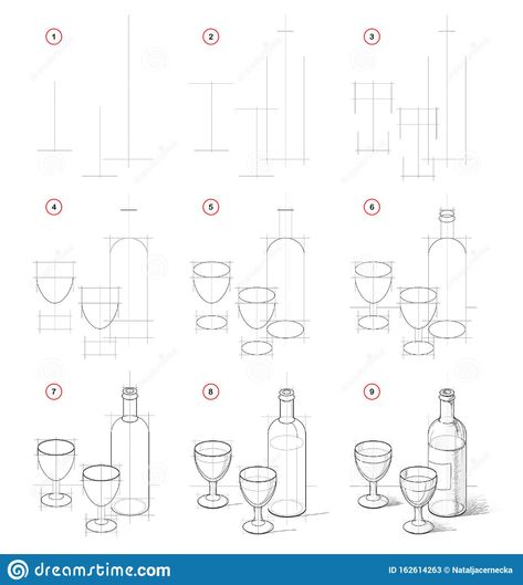 How To Draw Still Life With Bottle Of Vine And Glasses. Creation Step By Step Pencil Drawing. Educational Page For Artists. Stock Vector - Illustration of draw, learn: 162614263 How To Draw Bottles, Still Life Step By Step Drawing, How To Draw A Bottle Step By Step, How To Draw Vase, Easy Still Life Drawing Step By Step, Still Lives Drawing, How To Draw Objects, Still Life Drawing Tutorial, Object Drawing Still Life