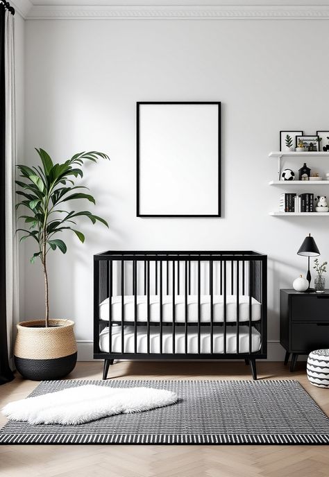 Nursery Room Ideas Black And White Neutral Nursery, Black And Wood Nursery, Black And White Nursery Girl, White Neutral Nursery, Creative Nursery, Nursery Room Ideas, Black Crib, Nordic Nursery, Black And White Nursery