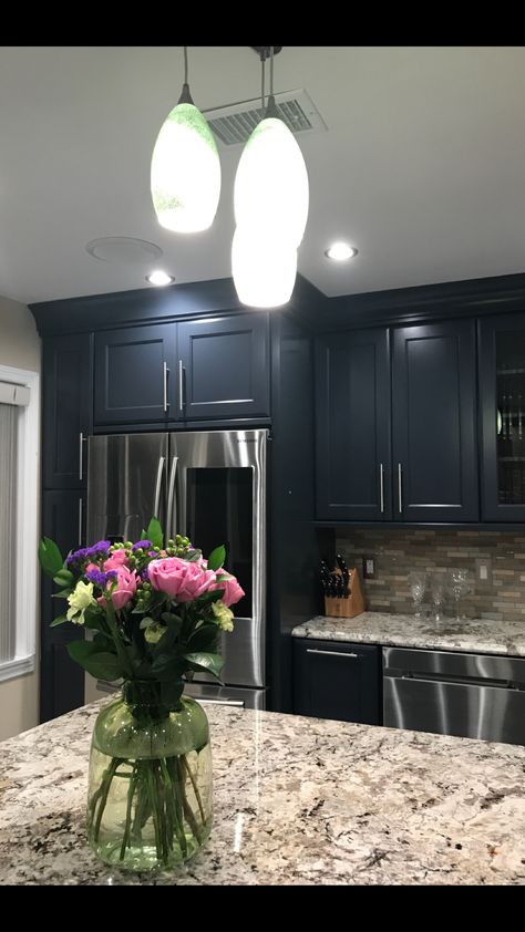 Loving my new kitchen! Kraftmaid midnight kitchen cabinets! Midnight Kitchen Cabinets, Midnight Blue Kitchen Cabinets, Midnight Blue Kitchen, Midnight Kitchen, Kitchen Cabinets And Flooring, Kitchen Cabinets Upgrade, Kraftmaid Cabinets, Old Kitchen Cabinets, Refrigerator Cabinet