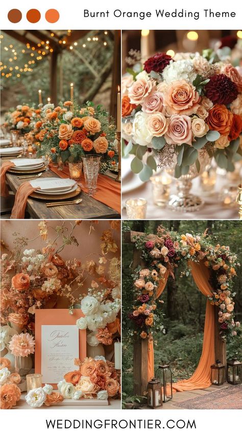 Burnt orange wedding colors for an earthy, autumn-inspired look. Dark Teal Orange Wedding, Olive And Burnt Orange Wedding, Fall Wedding Light Colors, Color Palette For Summer Wedding, Fall Forest Wedding Colors, Burnt Orange And Peach Wedding, Moody Blue Wedding Color Schemes, Burnt Orange Wedding Color Palette, Fall Wedding Color Palette Navy