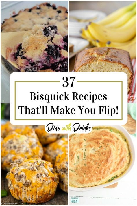 Collage of 4 bisquick recipes. Recipes Using Bisquick, Bisquick Impossible Quiche Recipe, Bisquick Recipes Biscuits, Bisquick Recipes Dinner, Bisquick Inspired Recipes, Bisquick Waffles, Bisquick Recipes Breakfast, Quick Biscuit Recipe, Bisquick Mix Recipe