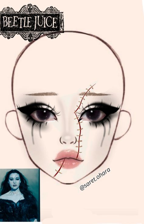 Halloween Goth Makeup Ideas, Stitched Face Makeup, Horror Glam Makeup, Easy Halloween Face Makeup For Women, Makeup Ideas Drawing Halloween, Scary Eye Makeup, Daily Goth Makeup, Voodoo Doll Makeup Halloween, Beetle Juice Hair