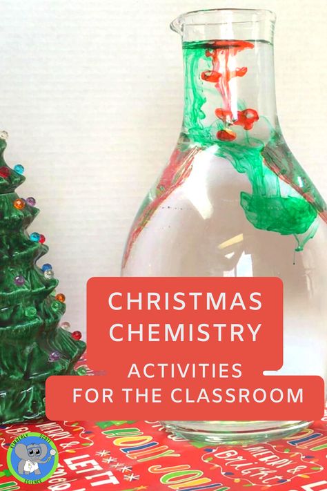 A vase with swirling colors of green and red food coloring.  A ceramic christmas tree is next to it. Christmas Themed Science Experiments, Xmas Science Experiments, Christmas Science Activities Middle School, Christmas Chemistry, Melting Christmas Tree Experiment, Christmas Chemistry Experiments, Winter Science Activities, Chemistry Activities, Winter Science