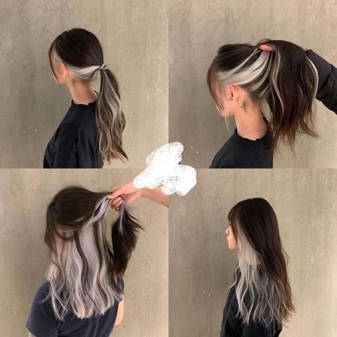 Hidden Peekaboo Hair, Brunette Hair With White Underneath, Bleached Hair Ideas Underneath, Dark Brown Hair With Grey Underneath, Brown Hair Silver Underneath, 2 Different Hair Colors Half, Ren Fest Nails, Brown Hair Platinum Underneath, Brown And White Hair Underneath