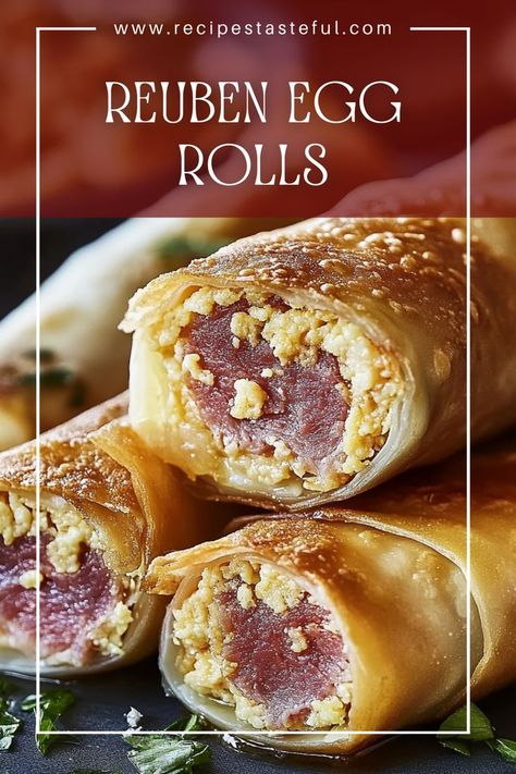 These crispy Reuben Egg Rolls are a delicious twist on the classic Reuben sandwich. Filled with corned beef, Swiss cheese, and sauerkraut, then fried to golden perfection, they are perfect for parties or as a savory snack. Serve with Thousand Island dressing for dipping! Reuben Egg Rolls, Classic Reuben Sandwich, Reuben Sandwich Classic, Egg Rolls Recipe, Thousand Island, Reuben Sandwich, Thousand Island Dressing, Baked Fries, Egg Roll