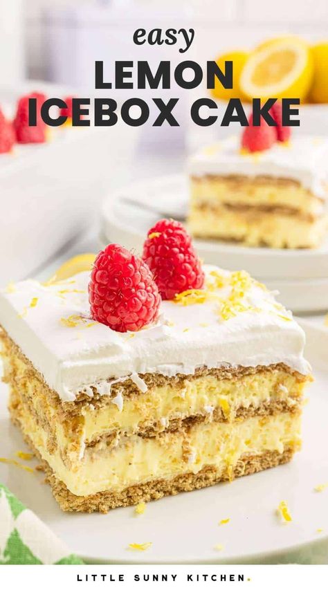 Make this simple, no-bake graham cracker icebox cake layered with creamy lemon pudding and fresh raspberries. Graham Cracker Dessert, Lemon Icebox Cake, Cracker Dessert, Icebox Desserts, Icebox Cake Recipes, Dessert Oreo, Lemon Dessert Recipes, Cold Desserts, Easy Summer Desserts