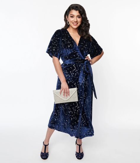 Retro & Vintage Unique Vintage Navy & Silver Stars Velvet Wrap Midi Dress | Unique Vintage 70s Disco Outfit, Dress Unique, Cutout Maxi Dress, Timeless Classic Style, Disco Outfit, Womens Vintage Dresses, Wrap Midi Dress, 1970s Fashion, Navy Midi Dress