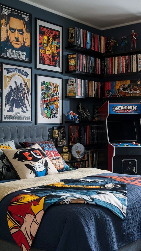 Discover essential men's bedroom ideas that are must-haves for a complete and refined bedroom look. Start your bedroom transformation today! Aesthetic Room Ideas For Teen Boys, Pop Culture Bedroom, Nerd Bedroom Ideas, Mens Apartment Ideas, Retro Teen Bedroom, Nerd Room Aesthetic, Nerd Bedroom, Geek Bedroom, Gamer Bedroom Ideas