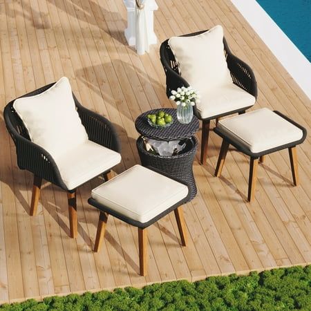 Patio Chairs Set of 5, Outdoor Lounge Chair with Thickened Cushions, Porch Poolside Bistro Bar Set with Cooler Bar Table & Ottomans Patio Sets For Small Spaces, Small Outdoor Furniture, Cooler Bar, Luxury Armchair, Small Patio Furniture, Outdoor Wicker Patio Furniture, Rattan Patio Furniture, Wicker Patio Furniture Set, Backyard Balcony