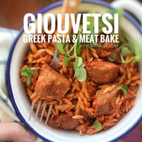 Traditional giouvetsi, a classic Greek oven baked pasta stew with lamb, beef or pork with Greek orzo pasta in a rich tomato sauce! Greek Beef Recipes, Oven Baked Pasta, Romaine Lettuce Recipe, Greek Meat, Greek Orzo Pasta, Greek Orzo, Meat Stew, Lettuce Recipes, Processor Recipes