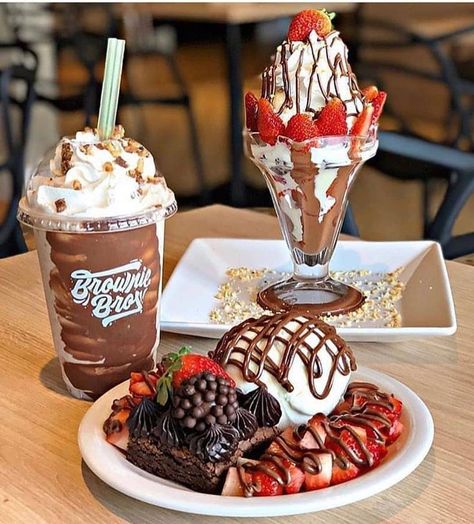 Food | Sweets | Savoury on Instagram: “Triple choco dessert 😍 | Triple dessert (from left to right, wise o'clock): - Milkshake: Classic milkshake lined by chocolate sauce and…” Dessert Platter, Food Drinks Dessert, Cute Desserts, Milkshakes, Food Obsession, Cafe Food, Finger Food, Yummy Food Dessert, Sweet Snacks