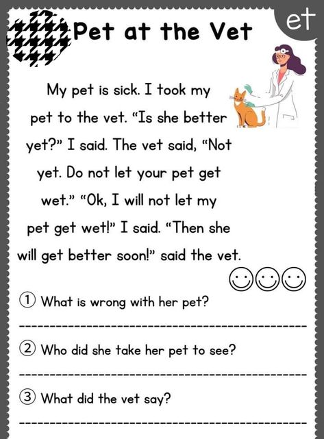 " pet at the vet" read and write the answer. short and long vowels worksheet. cvc words easy reading Vowels Worksheet, Short And Long Vowels, Long Vowel Worksheets, Fun Phonics Activities, Phonics Worksheets Free, Vowel Worksheets, Phonics Books, E Words, Long Vowels