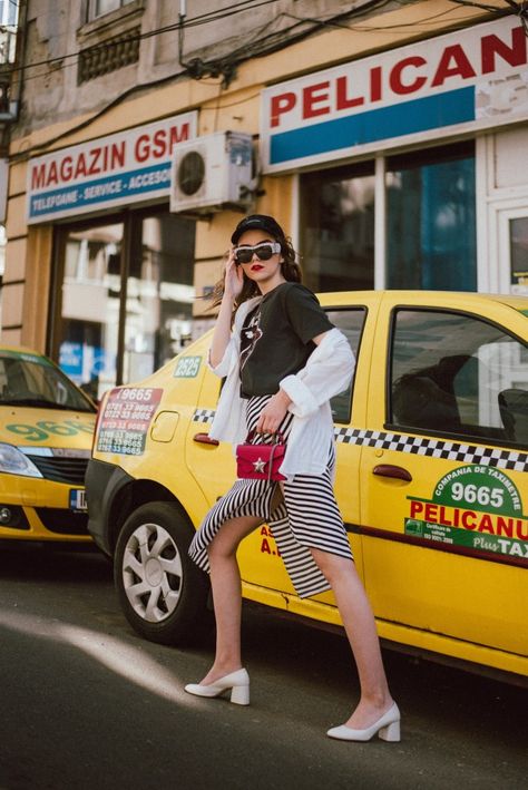 Zara Outfit Ideas, Red Mini Bag, Rolling Stones Tshirt, Asymmetric Skirt, Spring Outfit Ideas, Striped Midi Skirt, Zara Outfit, Chunky Heel Pumps, Cute Spring Outfits