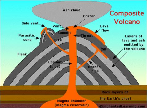 Enchanted Learning has a page that describes volcanoes and contains a large diagram of a composite volcano. Volcano Diagram, All About Volcanoes, Composite Volcano, Volcano Projects, Volcano Experiment, Ias Study Material, 6th Grade Science, 5th Grade Science, Earth Surface