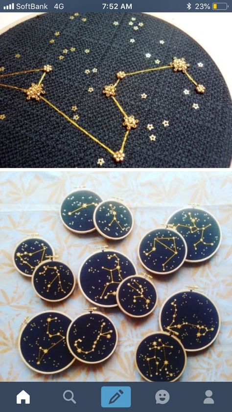 Orion Constellation Embroidery, Cross Stitch Celestial, Embroidery Astrology, Hand Embroidered Stars, Embroidered Constellations, Astronomy Embroidery, Cosmic Embroidery, Celestial Cross Stitch, Constellation Embroidery