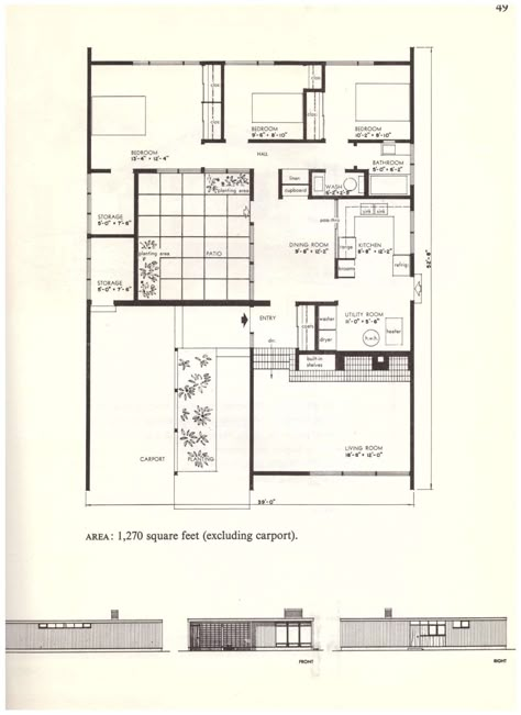 One Story Bungalow, Usonian House, Mid Century Modern House Plans, Kitchen Utility, House Plans Ideas, Vintage House Plans, Architectural Floor Plans, Architecture History, Architecture Graphics