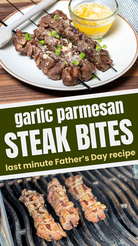 Two image collage of garlic parmesan grilled steak bites. Parmesan Steak Bites, Garlic Parmesan Steak, Parmesan Butter Sauce, Juicy Steak Bites, Steak Bites With Garlic Butter, Garlic Parmesan Butter, Parmesan Butter, Parmesan Steak, Grilled Garlic