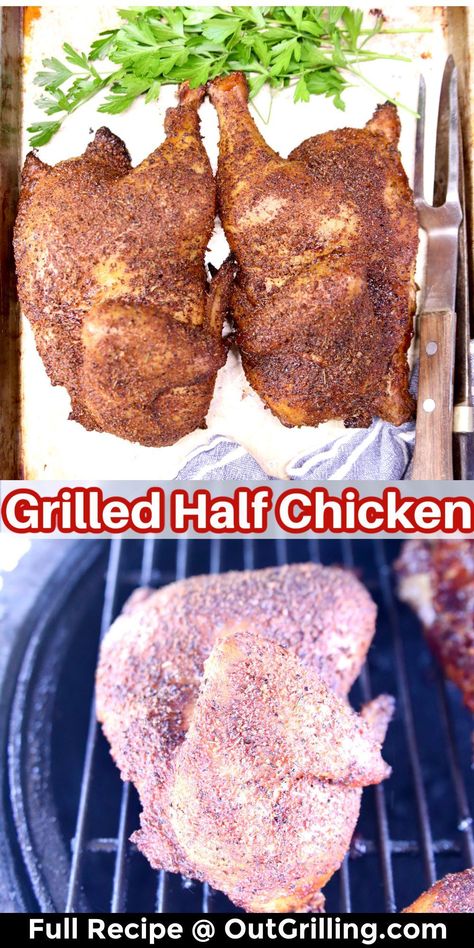 Half Chicken On The Grill, Grilled Half Chicken Recipes, Grilled Chicken Halves, Grilled Whole Chicken Recipes, Grilled Half Chicken, Brine Whole Chicken, Spring Eats, Grilled Whole Chicken, Saving Budget