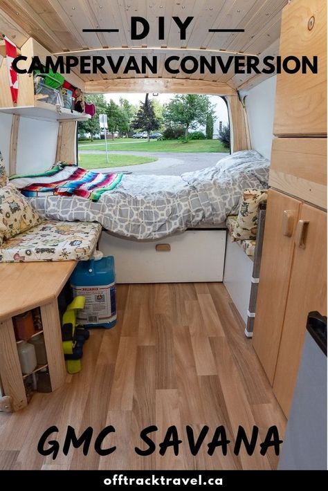 Follow our step by step DIY conversion from work van to campervan home! This links to part four of our van conversion series. offtracktravel.ca #vanlife #conversion #campervan #vanconversion #roadtrip Gmc Safari Camper Conversion, Campervan Flooring, Vanlife Conversion, Traveling Van, Vanlife Tips, Van Layouts, Van Remodel, Camper Van Shower, Van Layout