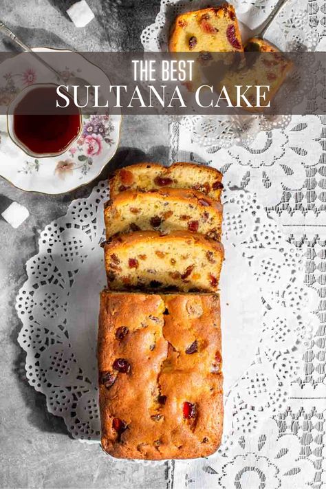 Sultana cake on a paper doily with a few sliced pieces, a cup of tea on the side and a half eaten slice of cake on a small plate. Sultana Loaf Recipe, Sultana Recipes, Loaf Cakes Recipes, Tea Loaf Recipe, Quick Bakes, Sultana Cake, Fruit Cake Recipe Easy, Malt Loaf, Yummy Things To Bake