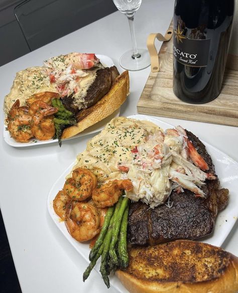 Shrimp Dinner Aesthetic, Crab And Steak Dinner, Steak And Shrimp Dinner Ideas, Steak And Shrimp Dinner, Steak And Shrimp Recipes, Food Cravings Dinner, Steak And Crab, Dinner Shrimp, Steak And Shrimp