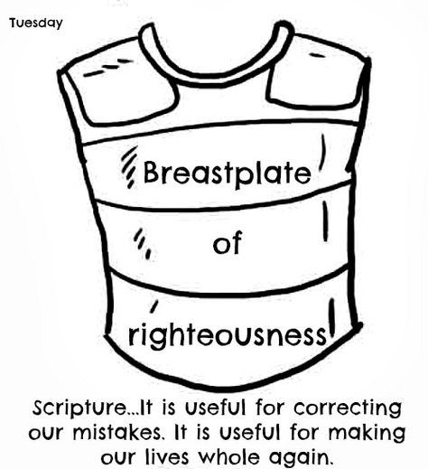 Tuesday BREASTPLATE of RIGHTEOUSNESS Bible verse coloring pages for my Breakaway VBS kids Breastplate Of Righteousness Printable, Armour Of God Crafts Free Printable, Breastplate Of Righteousness Game, Gods Armor Craft, Breastplate Of Righteousness Coloring Page, Fun With Grandkids, Breastplate Of Righteousness Craft, Bible School Ideas, Vacation Bible School Ideas