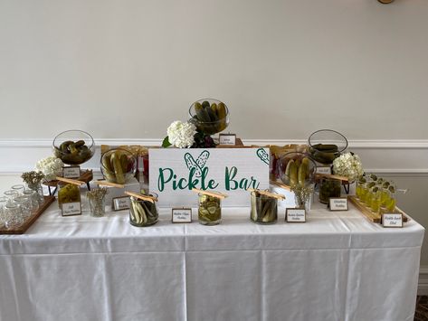 Pickle Wedding Bar, Pickle Bar Wedding Party Ideas, Pickle Table Wedding, Pickles At Wedding, Wedding Pickle Bar Ideas, Pickle Tasting Party, Pickle Bar At Wedding, Pickle Bar Graduation, Pickle Baby Shower Ideas