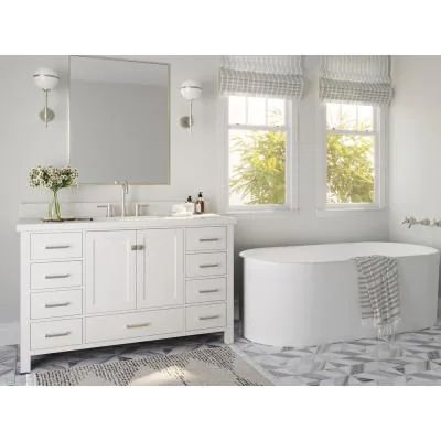 Cambridge 55 in. W x 22 in. D x 35 in. H Bath Vanity in White with Quartz Vanity Top in White with White Basin Bathroom Vanity Double Sink, Quartz Vanity, Countertop Backsplash, Quartz Vanity Tops, Grey Bathroom Vanity, Shaker Style Doors, Single Sink Bathroom, Contemporary Bathroom Vanity, Quartz Countertop