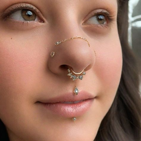 Double Trouble: Nose Piercing Goals Slaying the piercing game with not one, but TWO nose piercings connected by a chic chain! #nosepiercing #septumring #lippiercing #piercinggoals #bodyjewelry #chainreaction #czlove Nose Cuff Piercing, Nose Piercing Jewelry Ideas, Nose Pericings Both Sides, Septum With Double Nose Piercing, Nose Bridge Chain, Septum And Double Nose Piercing, Nose Piercing Chain Across Nose, Facial Piercing Ideas, Septum Pericing