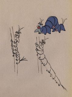 Merlin as a caterpillar in "The Sword in the Stone." Centipede Character Design, Caterpillar Character Design, Centipede Illustration, Disney Concept Art Character Design, Caterpillar Drawing, Caterpillar Illustration, Bill Peet, Milt Kahl, Character Design Disney