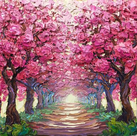 Cherry Blossom Path Cherry Blossom Trees Painting, Acrylic Cherry Blossom Painting, Sakura Painting Acrylic, Layering Painting, Cherry Blossom Acrylic Painting, Cherry Tree Painting, Cherry Blossom Painting Acrylic, Tree Painting Easy, Tree Wall Painting