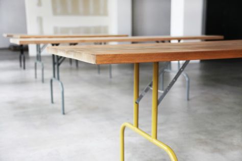 Christina Kim and Lindon Schultz Custom Tables at Chay in Los Angeles | Remodelista Tables Design, Foldable Furniture, Folding Dining Table, Simple Sofa, Pine Table, Folding Furniture, Household Furniture, Loft Spaces, Work Table