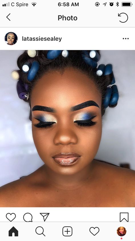 Make Up With Royal Blue Outfit, Blue And Gold Wedding Makeup, Blue Dress Makeup Black Women, Blue And Gold Makeup Looks Black Women, Fun Blue Eyeshadow Looks, Blue And Brown Makeup Looks, Blue And Gold Eyeshadow Looks, Navy Blue Eyeshadow Looks, Royal Blue Eye Makeup