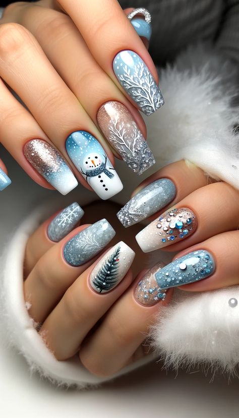 "Magia Invernale sulle Unghie" "Un affascinante design per unghie ispirato all'inverno, che presenta tonalità glaciali, argenti luccicanti e un simpatico pupazzo di neve." Nails On Fleek, Coffin Nails, Swag Nails, Gel Polish, Gel Nails, Acrylic Nails, Manicure, Nail Designs, Nail Art