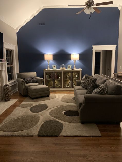 Sherwin Williams Indigo Batik and Requisite... Indigo Room Ideas, Indigo Paint Color Bedroom, Indigo Batik Sherwin Williams Bedroom, Indigo Room, Sherwin Williams Indigo, Indigo Batik Sherwin Williams, Indigo Blue Living Room, Media Room Colors, Blue Accent Wall Living Room