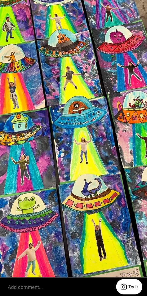 Art Grade 5/6, Year 5 Art Ideas, Space Art Elementary, Space Preschool Art, 1st And 2nd Grade Art Projects, Get To Know You Art Projects, Alien Art For Kids, Whole School Art Project, Art Club Ideas High School