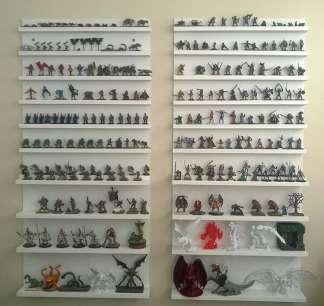 Shelves I built for Mini display Miniature Figurine Display Ideas, Dnd Mini Display, Diy Miniature Display Shelf, Warhammer Display, Figurine Display Ideas, Mini Shelves, Dnd Figures, Dnd Room, Dnd Mini