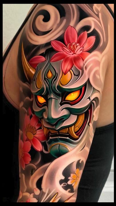 Hanya Mask Sleeve Tattoo, Oni Mask Neck Tattoo, Japanese Neotraditional Tattoo, Hanya Mask Tattoo Design Colored, Geometric Japanese Tattoo, Hiraya Manawari Tattoo, Oni Demon Tattoo, Neo Japanese Tattoo Designs, Japanese Oni Tattoo