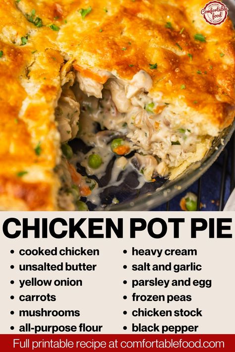 This chicken pot pie recipe is comfort food at its best - and will be the star of your dinner table. It's a simple yet delicious recipe made with shredded chicken and savory mushrooms in a creamy sauce, all tucked into a homemade flaky crust that will have your mouth watering. Chicken Pot Pie With Mushrooms, Chickenpotpie Casserole, Individual Chicken Pot Pies, Chicken Potpie, Best Chicken Pot Pie, Chicken Pot Pie Casserole, College Food, Chicken Pot Pie Recipe, Pies Recipes