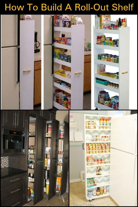 Roll Out Pantry By Fridge, Slide Out Pantry Diy, Rolling Shelves Kitchen, Rolling Pantry Next To Fridge, Pop Out Pantry, Roll Out Pantry Organization, Rolling Spice Rack By Fridge, Roll Out Pantry Shelves, Roll Out Pantry