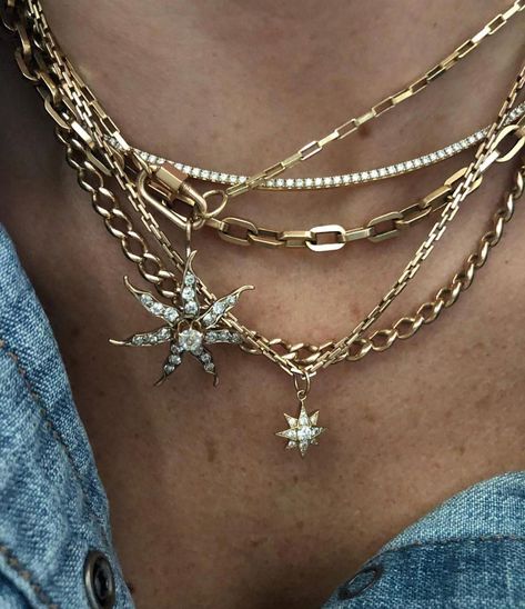 H.Stephen Fine Jewellery on Instagram: “Learning to layer via @henrydominiquejewelry 🔆💎⭐️ —————————————————————— #layering #diamonds #gold #goldchain #diamondstarpendant…” Chain Ideas, Stars Gold, Denim Jewelry, Double Denim, Star Pendant, Fine Jewellery, Gold Chain, Gold Chains, Cross Necklace