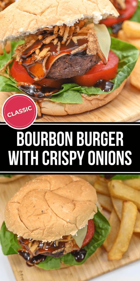 This Bourbon Burger with Crispy Onions is a fantastic grilling recipe with fried onions, melty cheese, and a homemade bourbon glaze. Bourbon Burger Recipe, Bourbon Burger, Homemade Bourbon, Bourbon Glaze, Delicious Slow Cooker Recipes, Crispy Onions, Melty Cheese, Burger Recipe, 30 Minute Meals