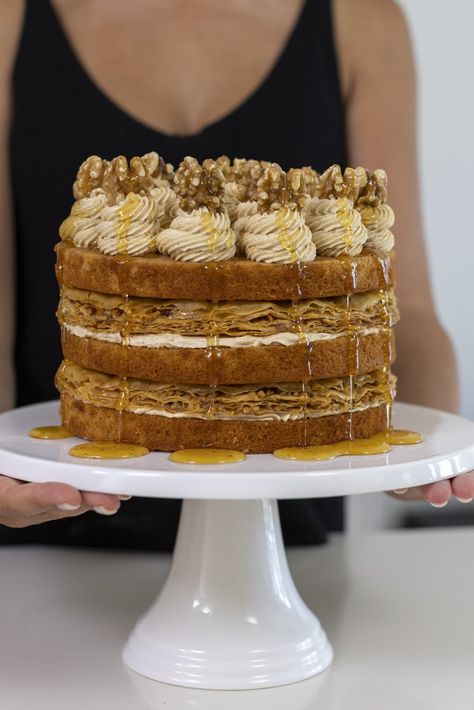 Honey Baklava Layer Cake — Antoniou Fillo Pastry Honey Baklava, Walnut Baklava, Honey Buttercream, Cherry Blossom Cake, Blossom Cake, Baklava Recipe, Cake Video, Greek Sweets, Filo Pastry